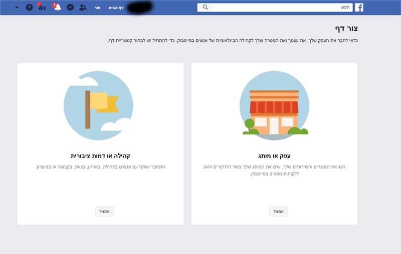 דף עסקי בפייסבוק בחירת סוג
